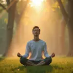 Человек, практикующий дыхательные упражнения на природе в спокойной обстановке