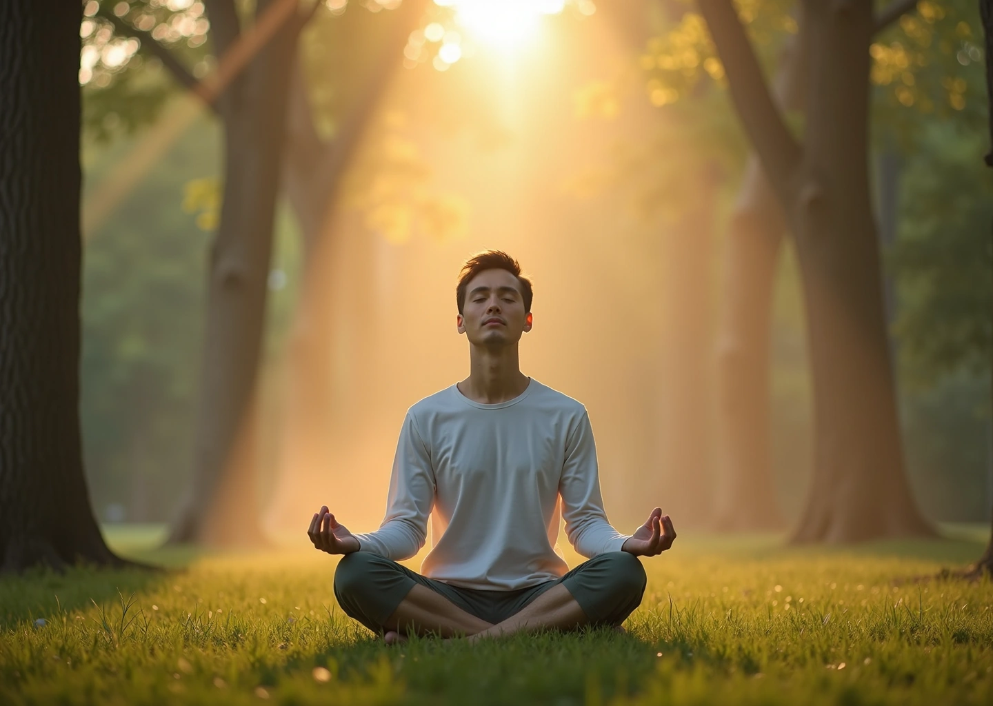 Человек, практикующий дыхательные упражнения на природе в спокойной обстановке