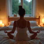 Спокойная спальня ночью с человеком, медитирующим для улучшения сна и расслабления