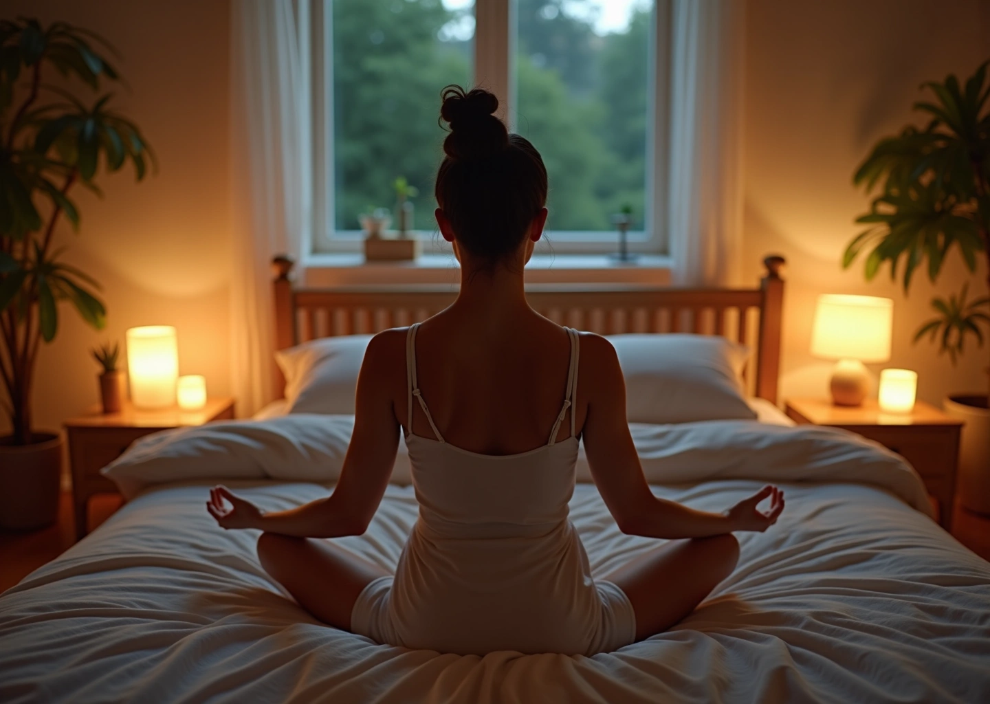 Спокойная спальня ночью с человеком, медитирующим для улучшения сна и расслабления