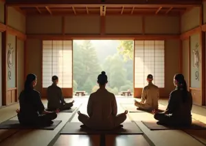 Тихая медитационная зал Дзэн с практикующими, сидящими в традиционных позах лотоса на подушках в мягком естественном свете.