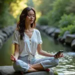 Человек медитирует в спокойной обстановке с приложениями Calm и Headspace на смартфоне