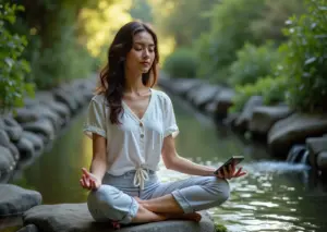 Человек медитирует в спокойной обстановке с приложениями Calm и Headspace на смартфоне